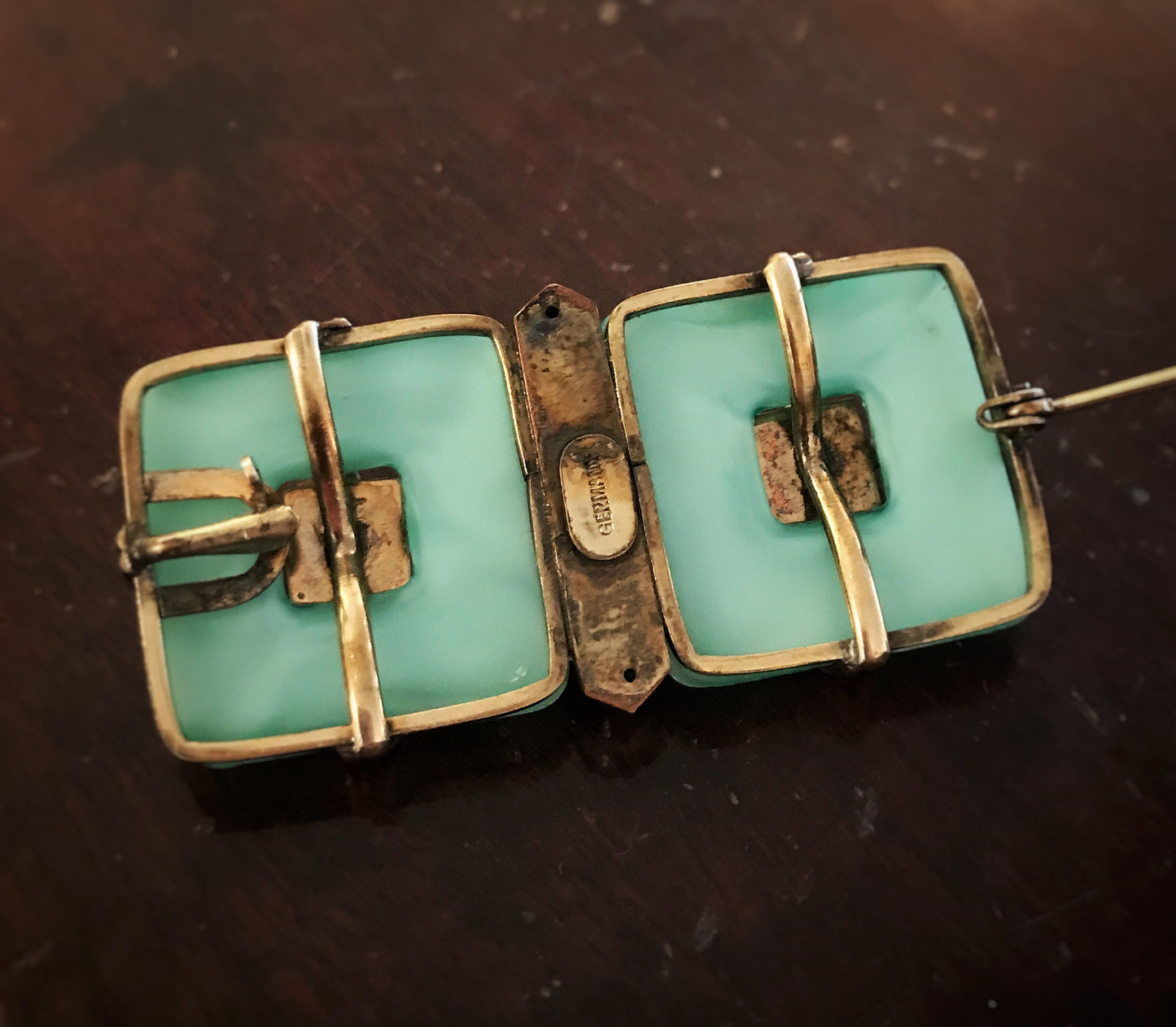 SOLD--Art Deco Glass and Enamel Brooch Brass, Germany c. 1930