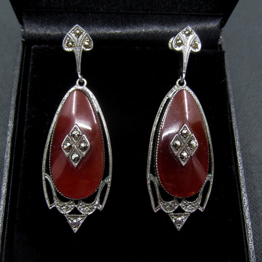 SOLD - Art Deco Marcasite and Carnelian Drop Earrings Sterling c. 1920