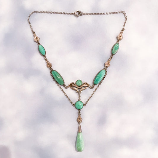 SOLD--Art Nouveau Green Quartz Drop Necklace Sterling c. 1900