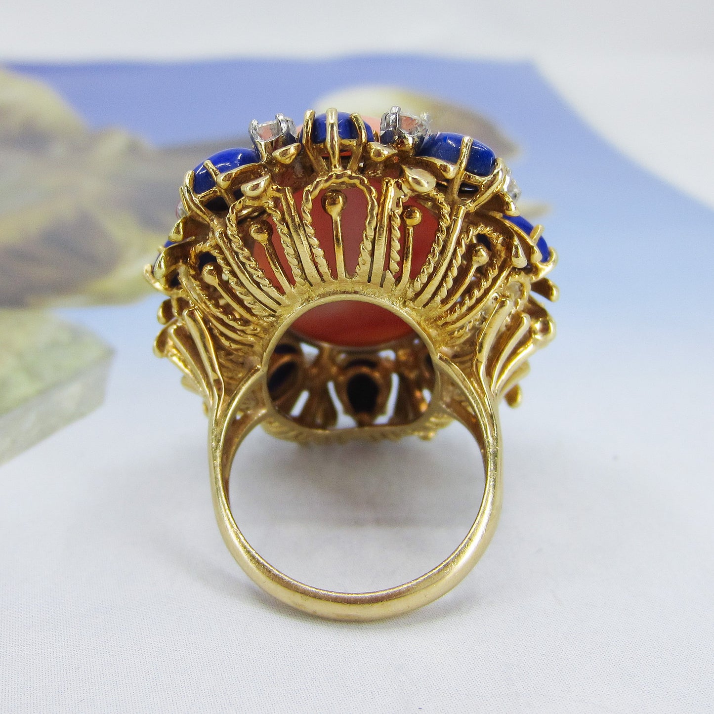 SOLD--MASSIVE Mid-Century Coral, Lapis and Diamond Ring 18k c. 1960