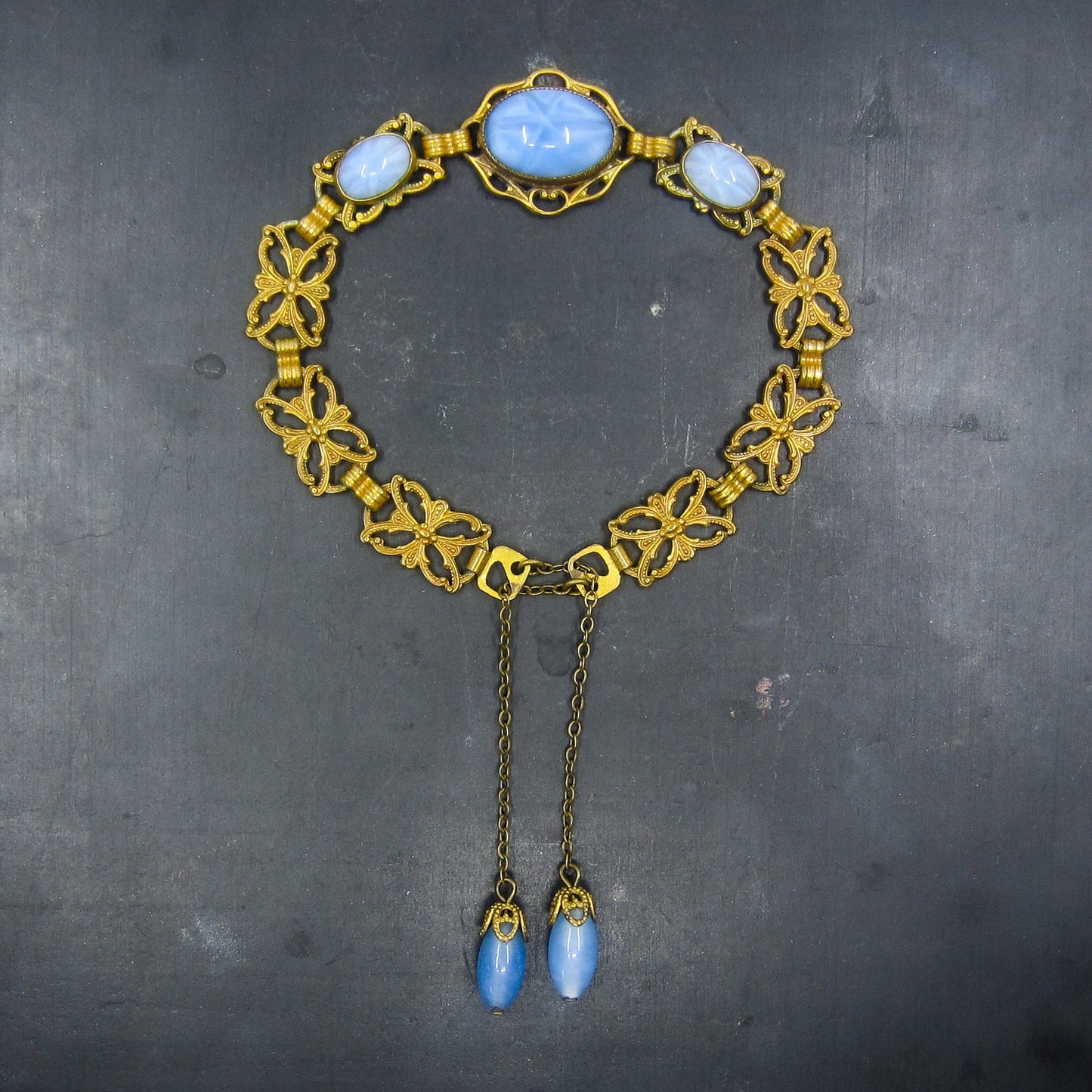 SOLD-Art Deco Glass Drop Bracelet Brass c. 1930