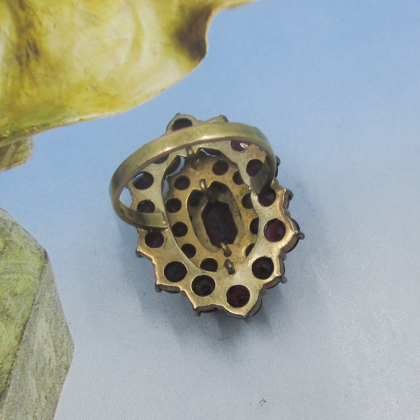 SOLD--Art Deco Huge Bohemian Garnet Cluster Ring Brass/14k c. 1930