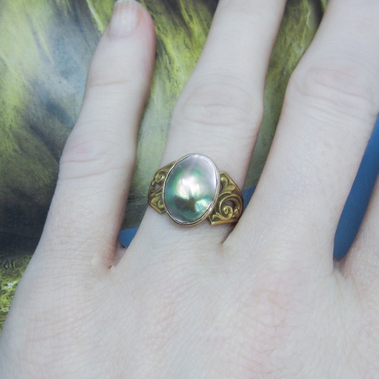 SOLD--Art Nouveau Mother of Pearl Ring 10k c. 1890