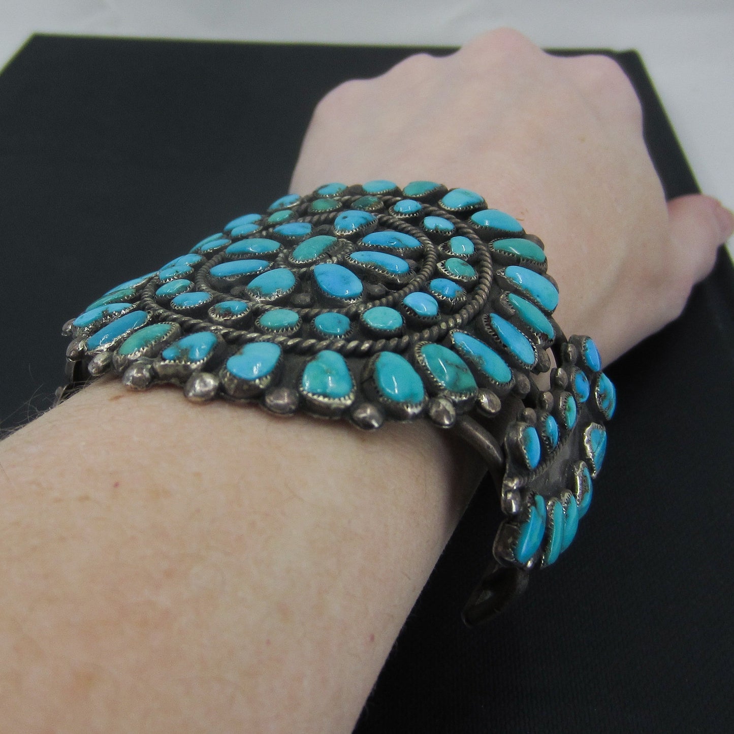 SOLD—HUGE Zuni Turquoise Petit Point Men's Cuff Sterling c. 1950