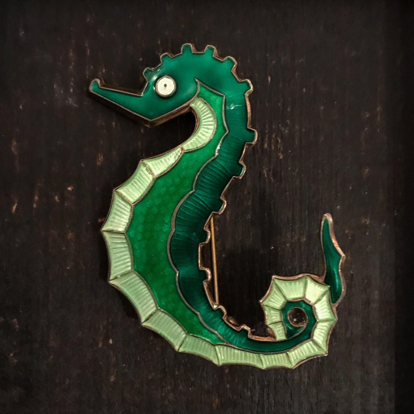 SOLD--Mid-Century Enamel Seahorse Brooch Sterling, David Andersen c. 1960
