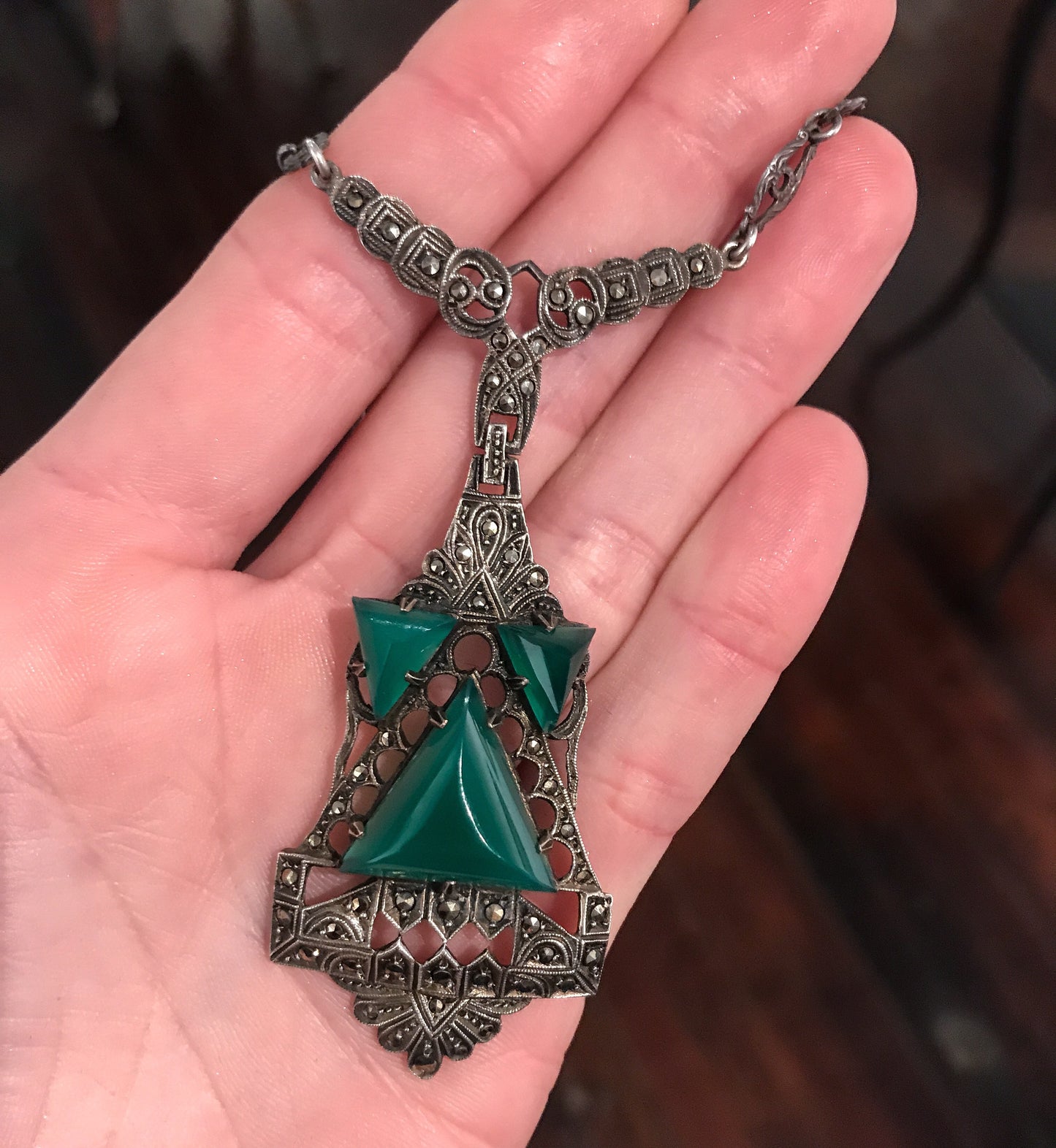 SOLD--Art Deco Marcasite and Chalcedony Necklace Sterling, Germany c. 1930