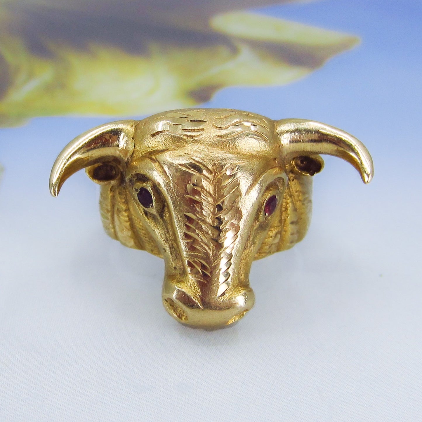 SOLD--Giant Bull Ring with Ruby Eyes 14k c. 1960