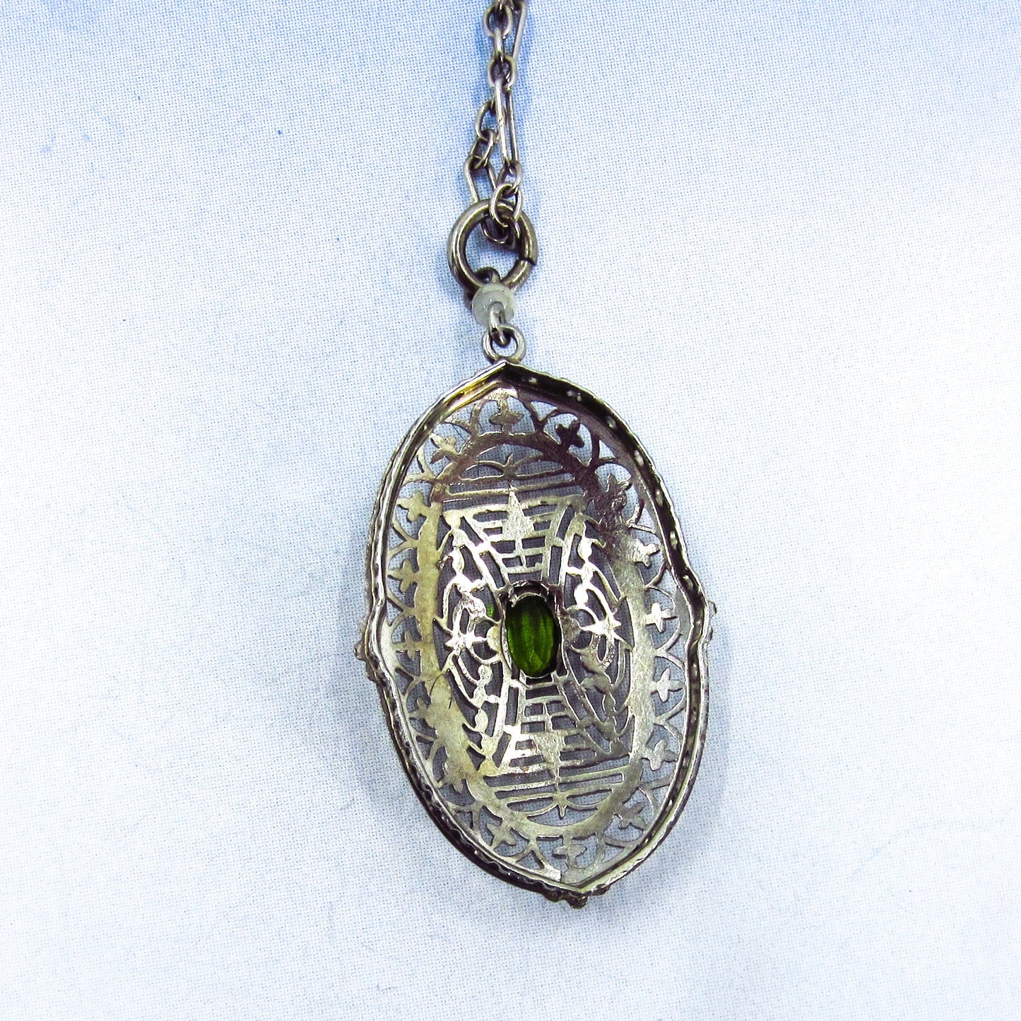 SOLD—Art Deco Peridot Filigree Pendant 14k c. 1920