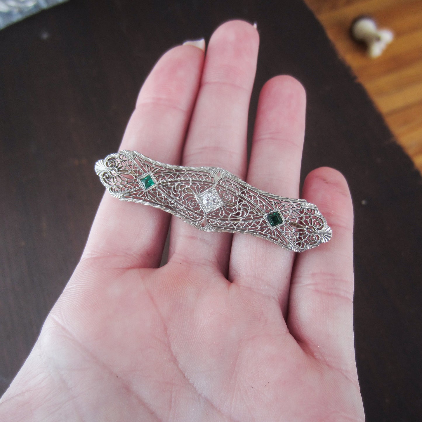 Art Deco Diamond Filigree Bar Pin 14k c. 1920