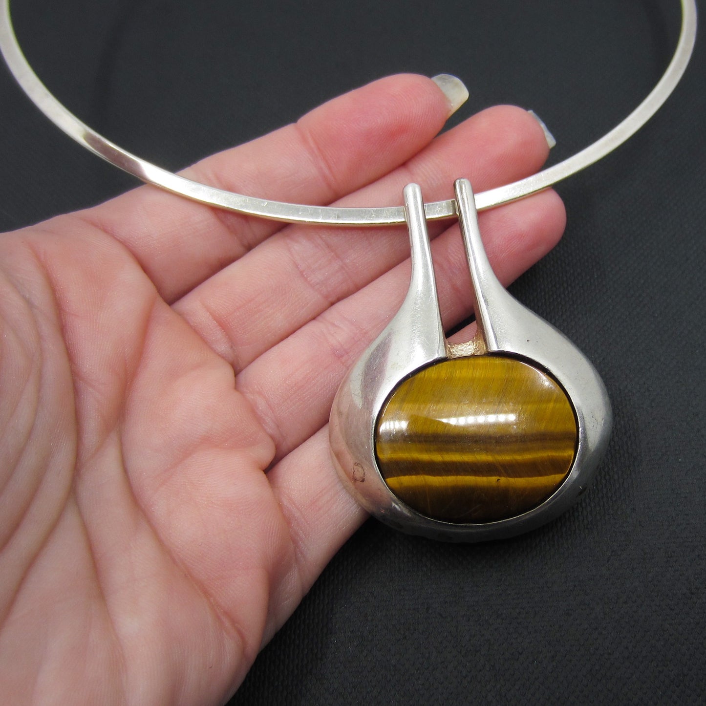 SOLD-Modernist Tiger’s Eye Pendant Torque Necklace Silver c. 1970