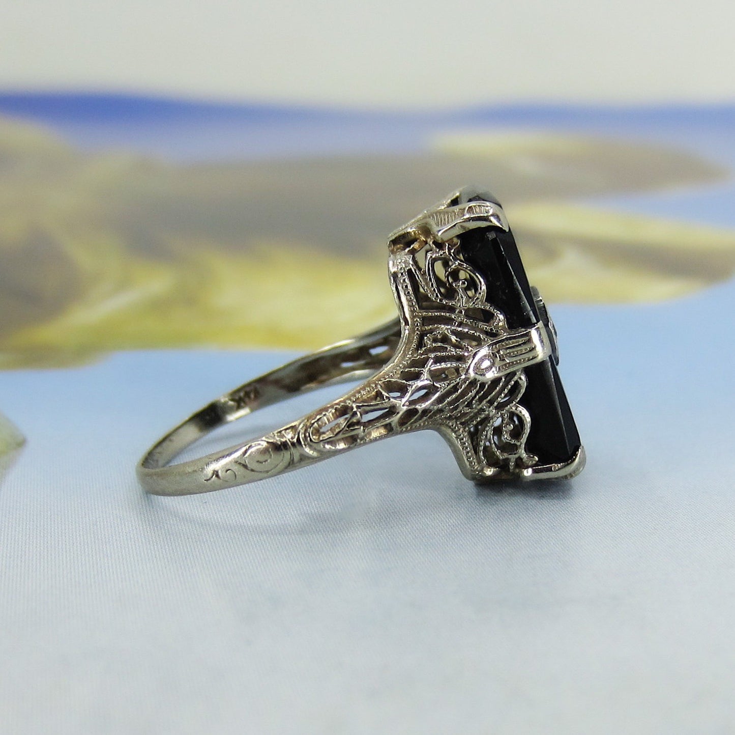 SOLD--Art Deco Onyx and Diamond Filigree Ring 14k c. 1930