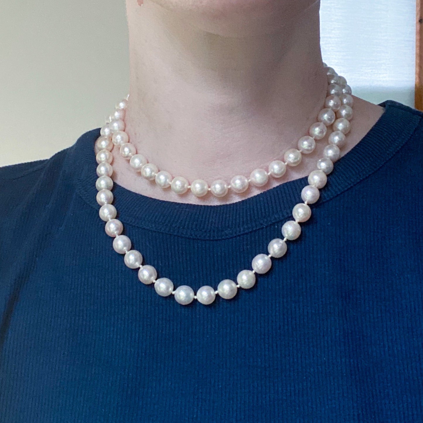 SOLD Mid-Century 32” 8.7mm Cultured Pearl Necklace w/Diamond Clasp c. 1960