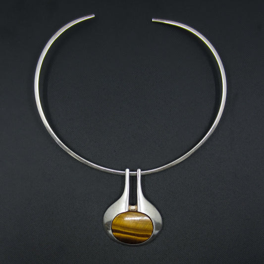 SOLD-Modernist Tiger’s Eye Pendant Torque Necklace Silver c. 1970