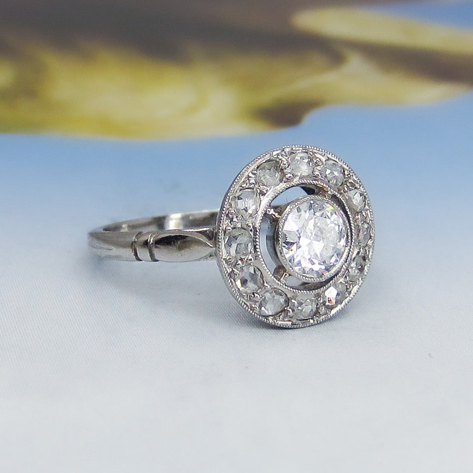 SOLD--Art Deco French Old European and Rose Cut Diamond Ring 18k c. 1930