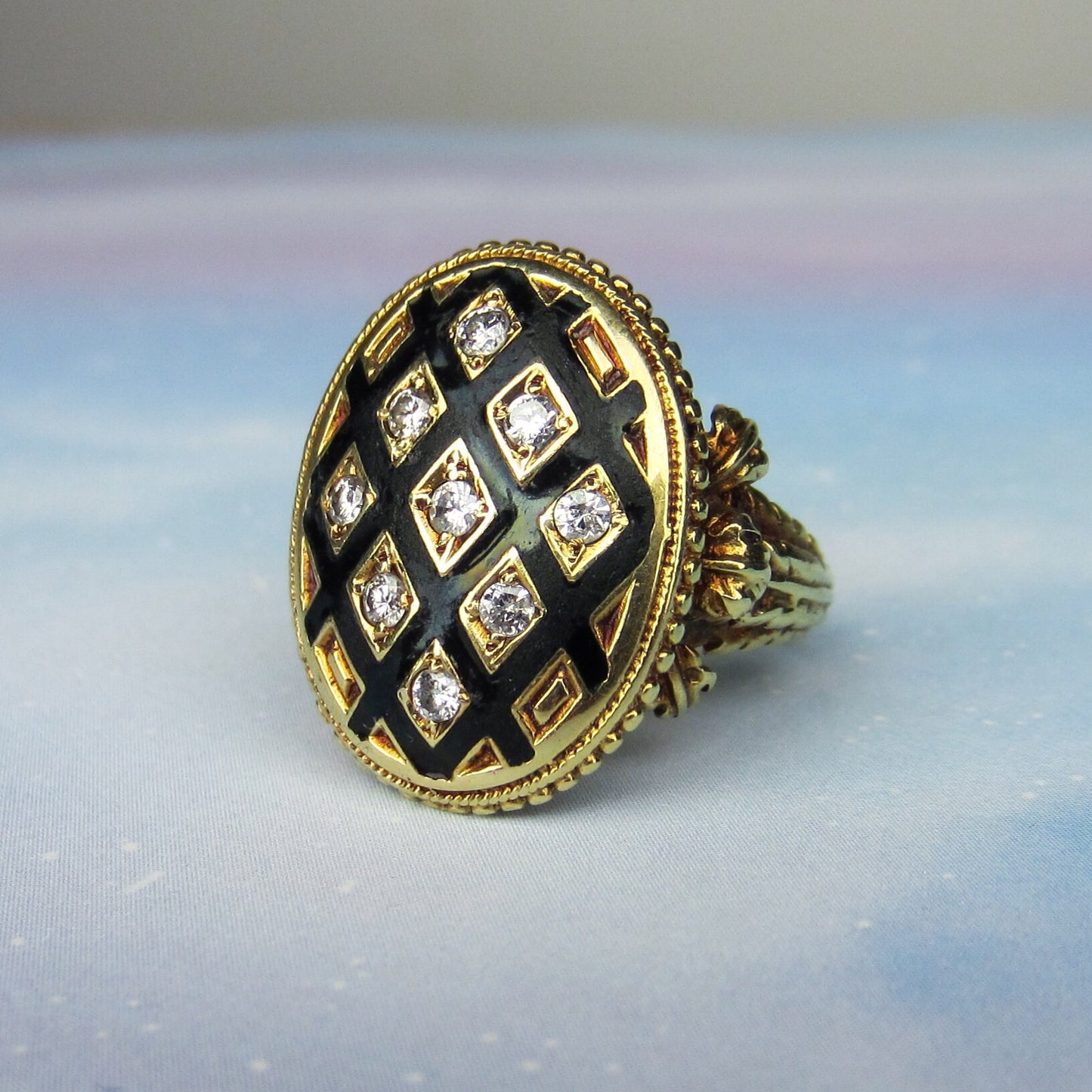 SOLD--Fantastic 1940's Victorian Revival Diamond Enamel Ring 14k