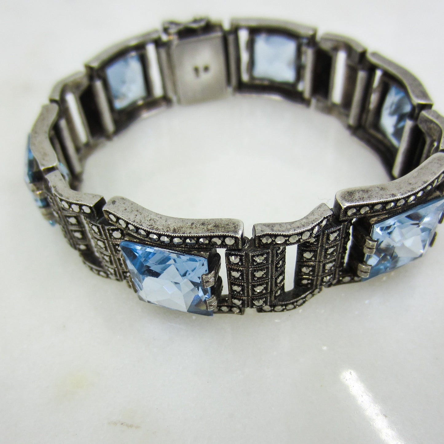 SOLD-Art Deco Theodor Fahrner Syn Blue Spinel and Marcasite Bracelet Sterling Silver, Germany c. 1940