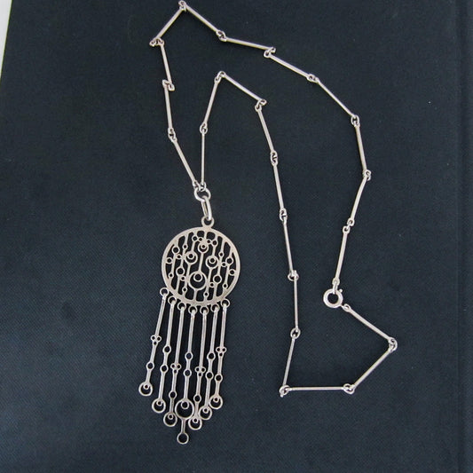 SOLD-Modernist Geometric Fringe Necklace Sterling, Marianne Berg for Uni David Andersen, Norway c. 1960