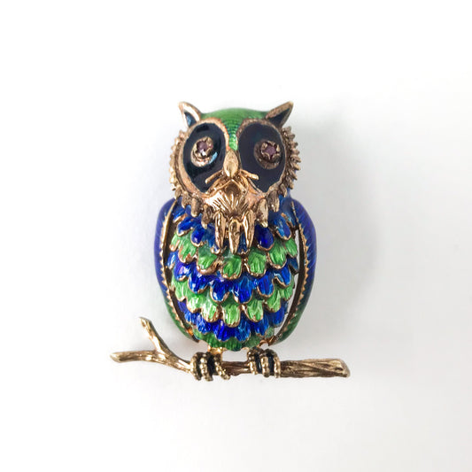 SOLD--Mid-Century Enamel and Ruby Owl Brooch 14k c. 1960