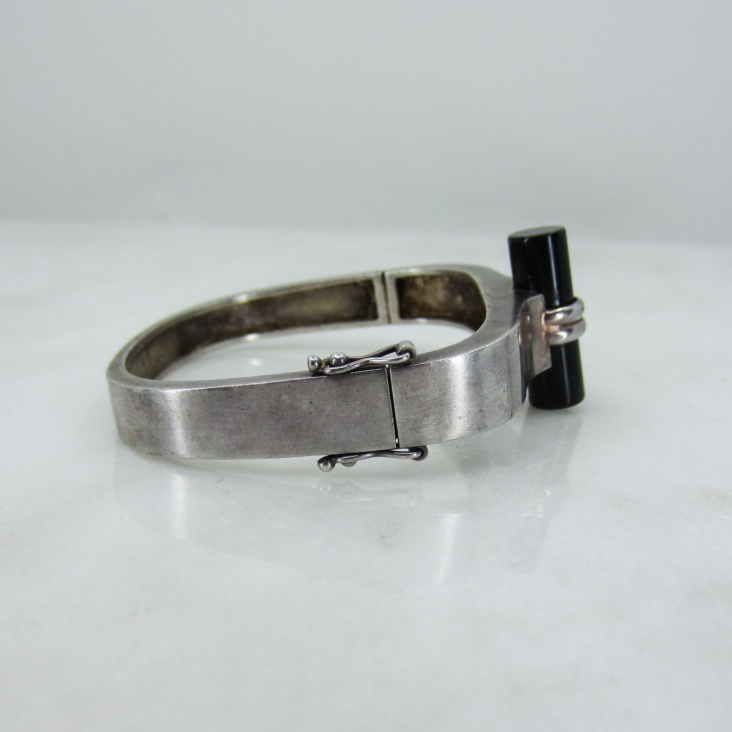 SOLD--Art Deco Onyx Hinged Bangle Sterling Silver c. 1940