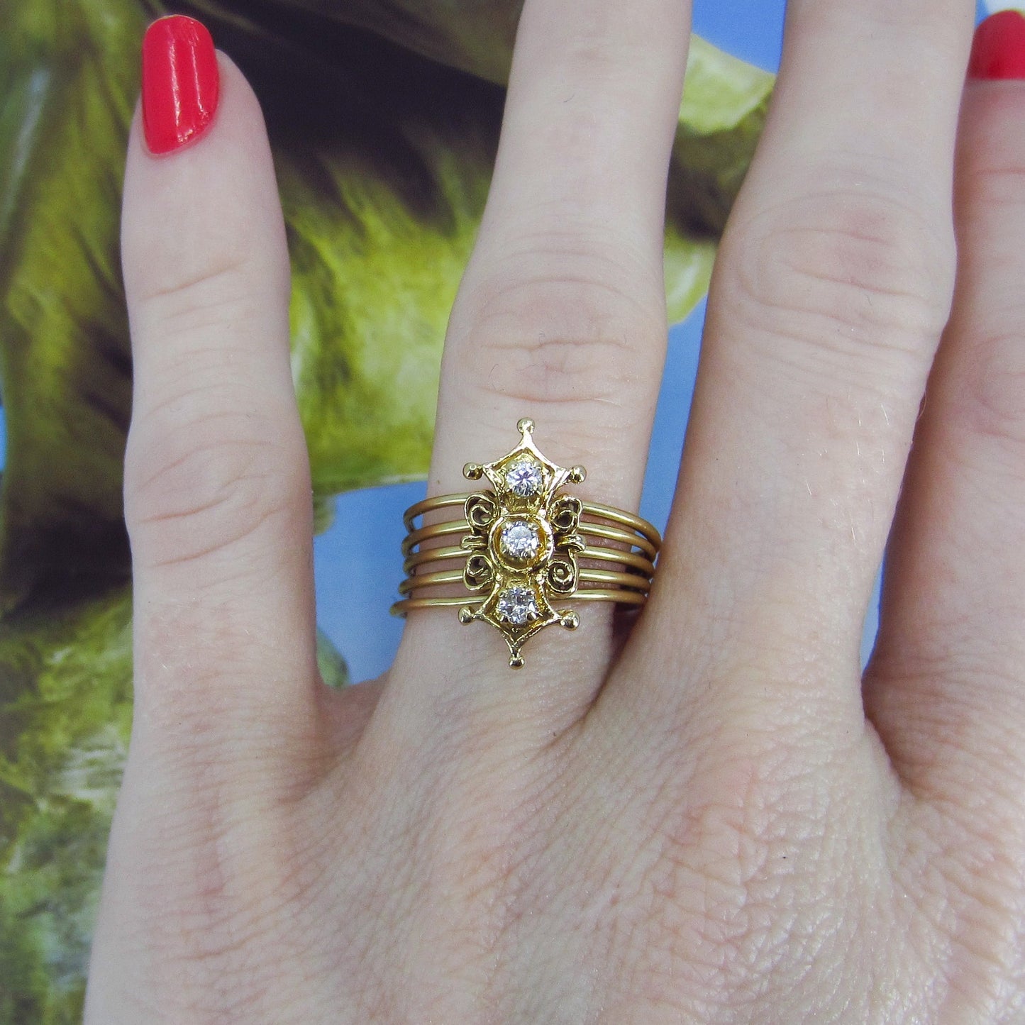 SOLD--Mid-Century Diamond Multi-Band Ring 14k c. 1960