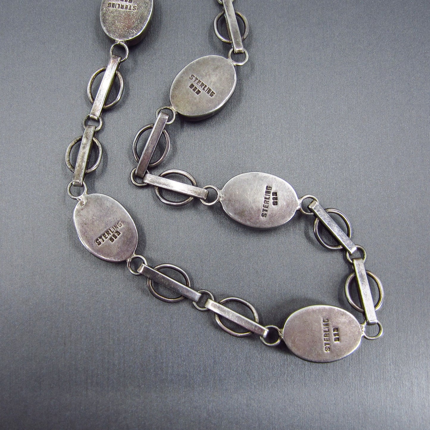 Vintage Fancy Link Turquoise Station Necklace Sterling c. 1970