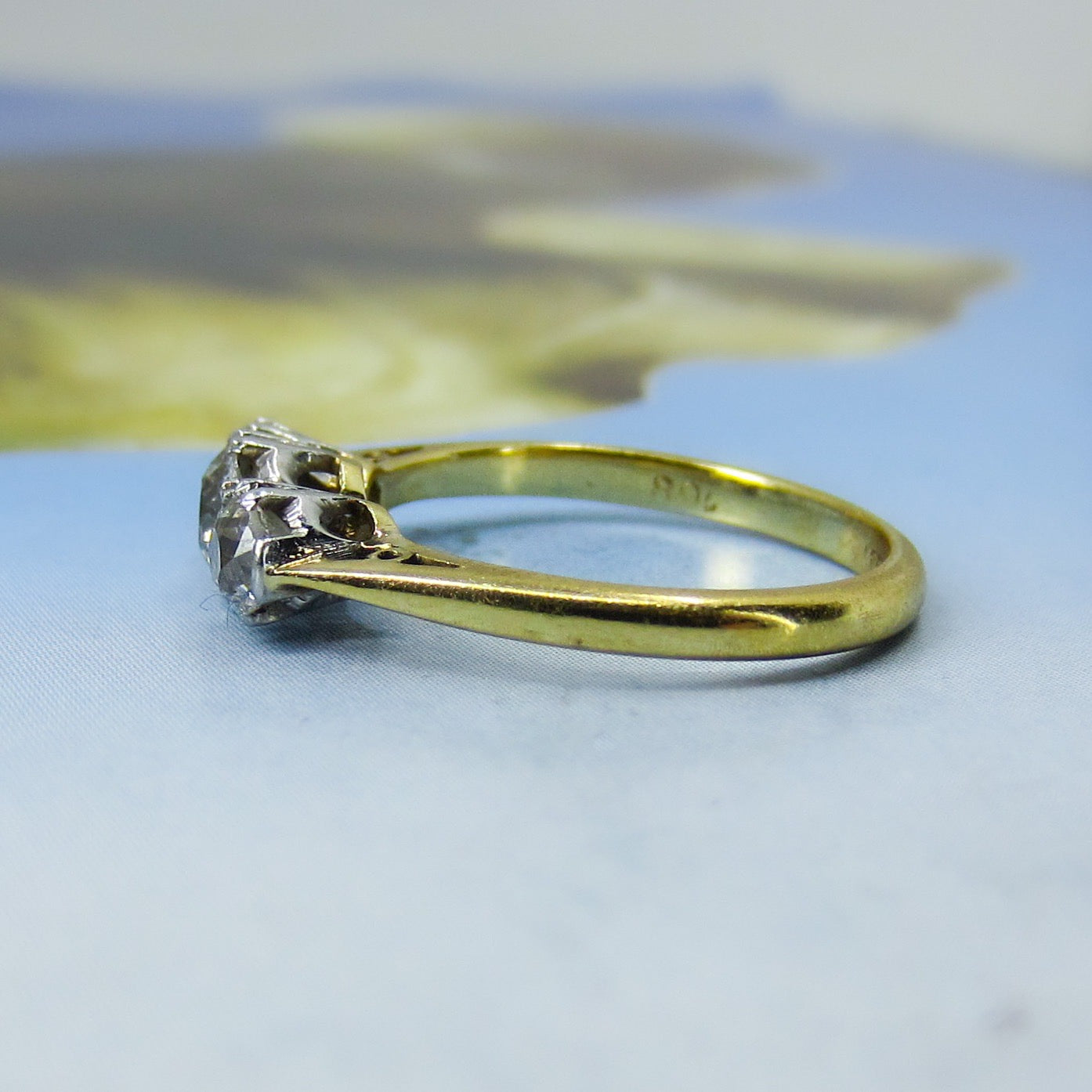 SOLD-Edwardian Three Old Mine Diamond Ring Platinum/18k c. 1910