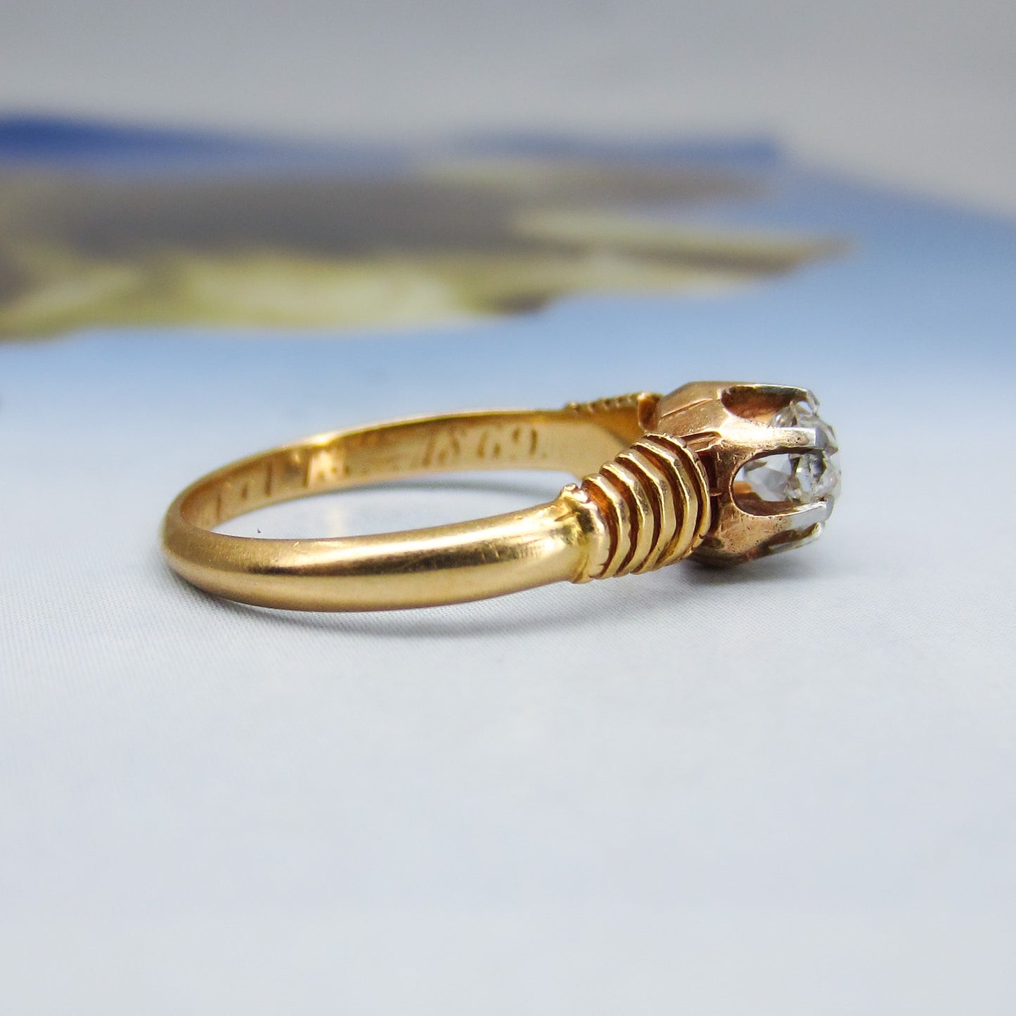 SOLD--Victorian Old Mine .42ct Diamond Solitaire Engagement Ring 14k c. 1869