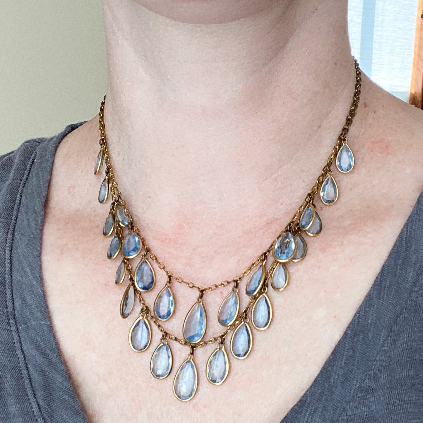SOLD-Art Deco Blue Paste Drop Necklace Gilt Brass c. 1930