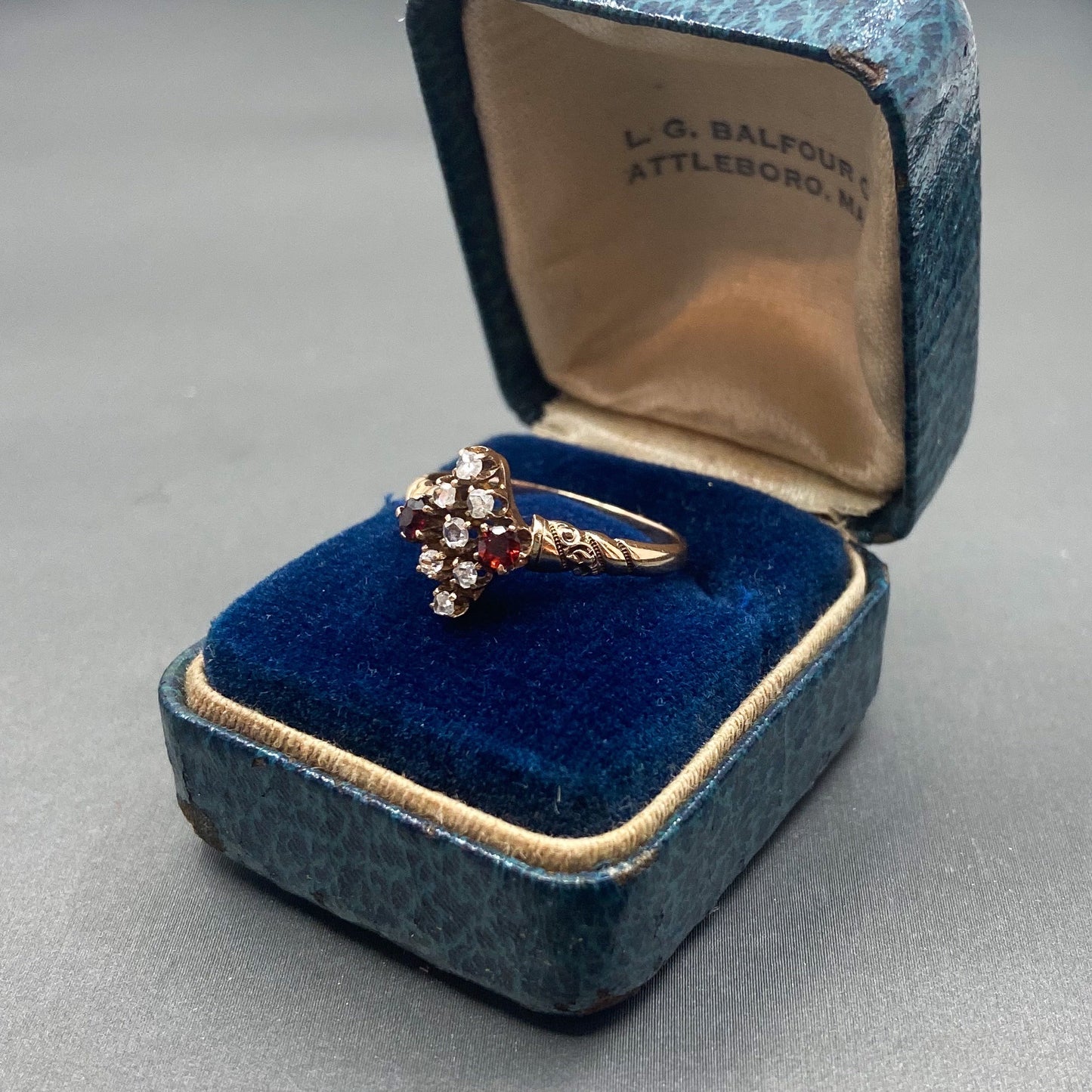 SOLD—Victorian Rose Cut Diamond and Garnet Ring 14k c. 1880