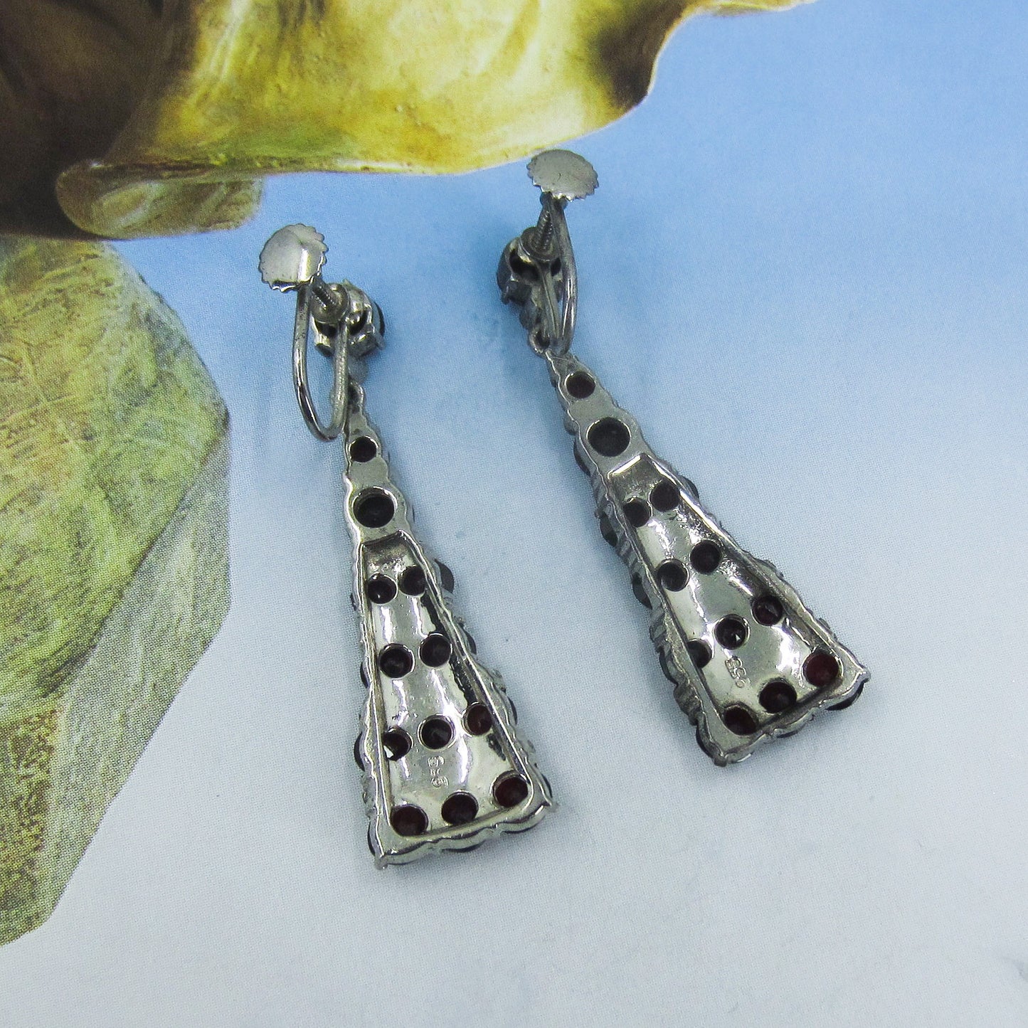SOLD-Art Deco Marcasite and Bohemian Garnet Drop Earrings 935 Silver, Germany c. 1930