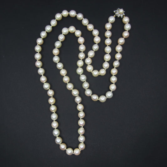 SOLD Mid-Century 32” 8.7mm Cultured Pearl Necklace w/Diamond Clasp c. 1960