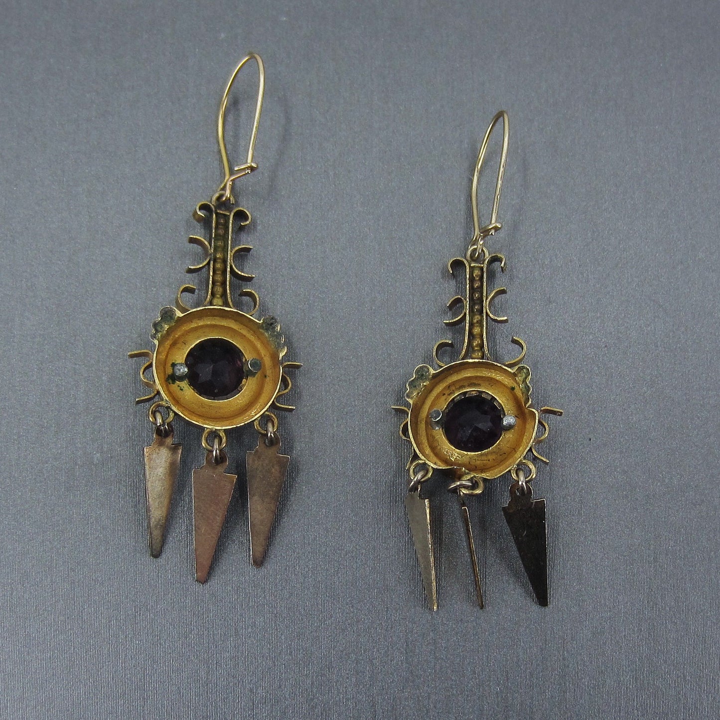 SOLD-Victorian Etruscan Revival Amethyst and Pearl Earrings 12k c. 1880