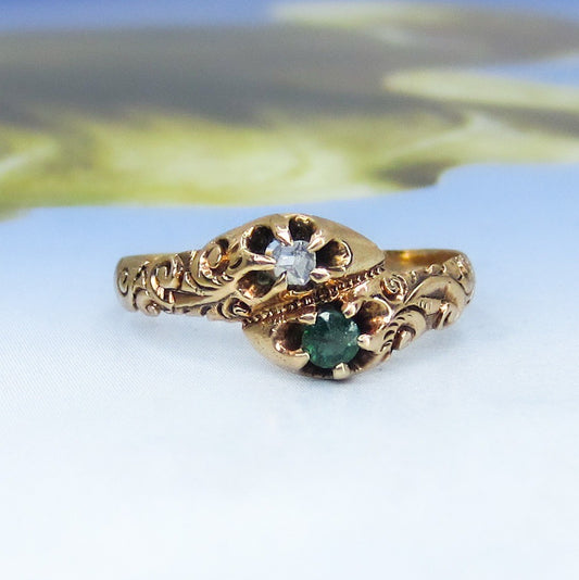 SOLD--Victorian Rose Cut Diamond and Emerald Doublet Ring 14k c. 1880