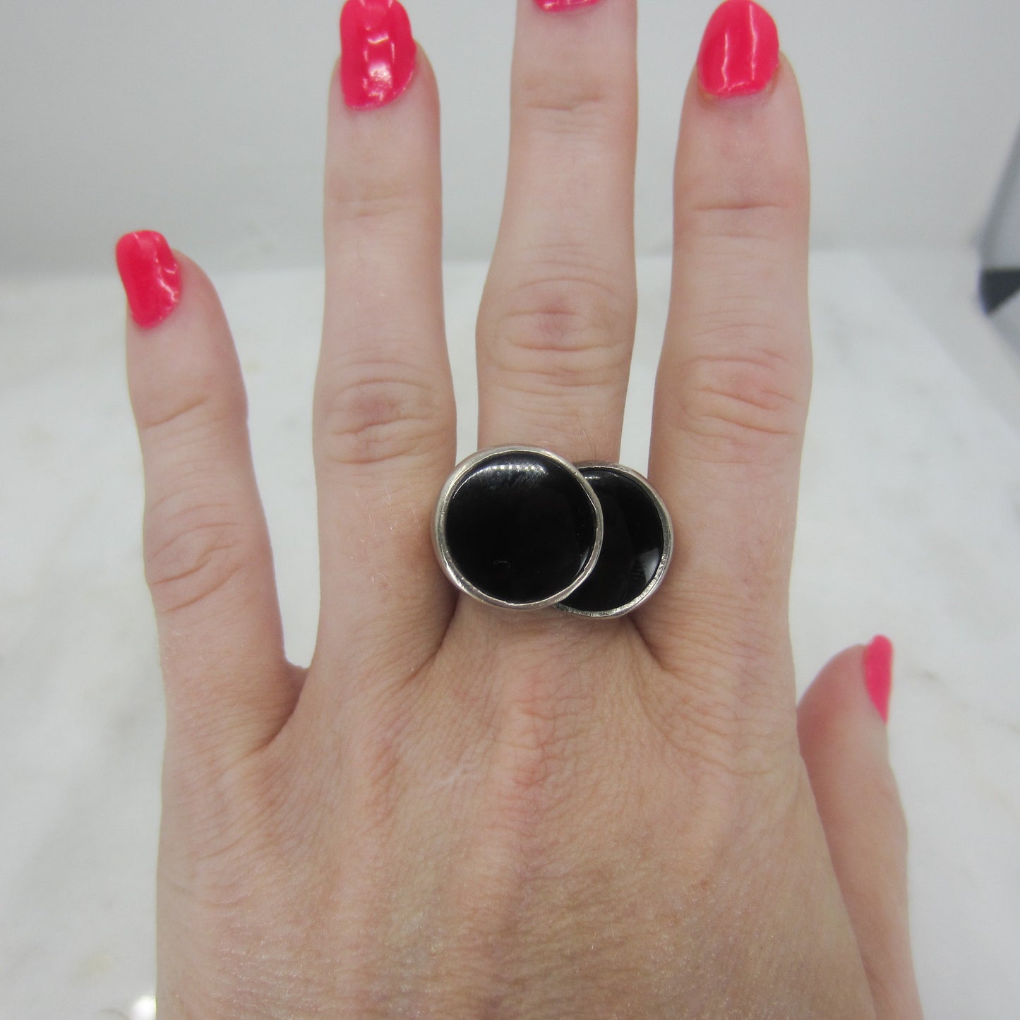 SOLD--Modernist Onyx Circles Ring Sterling c. 1970