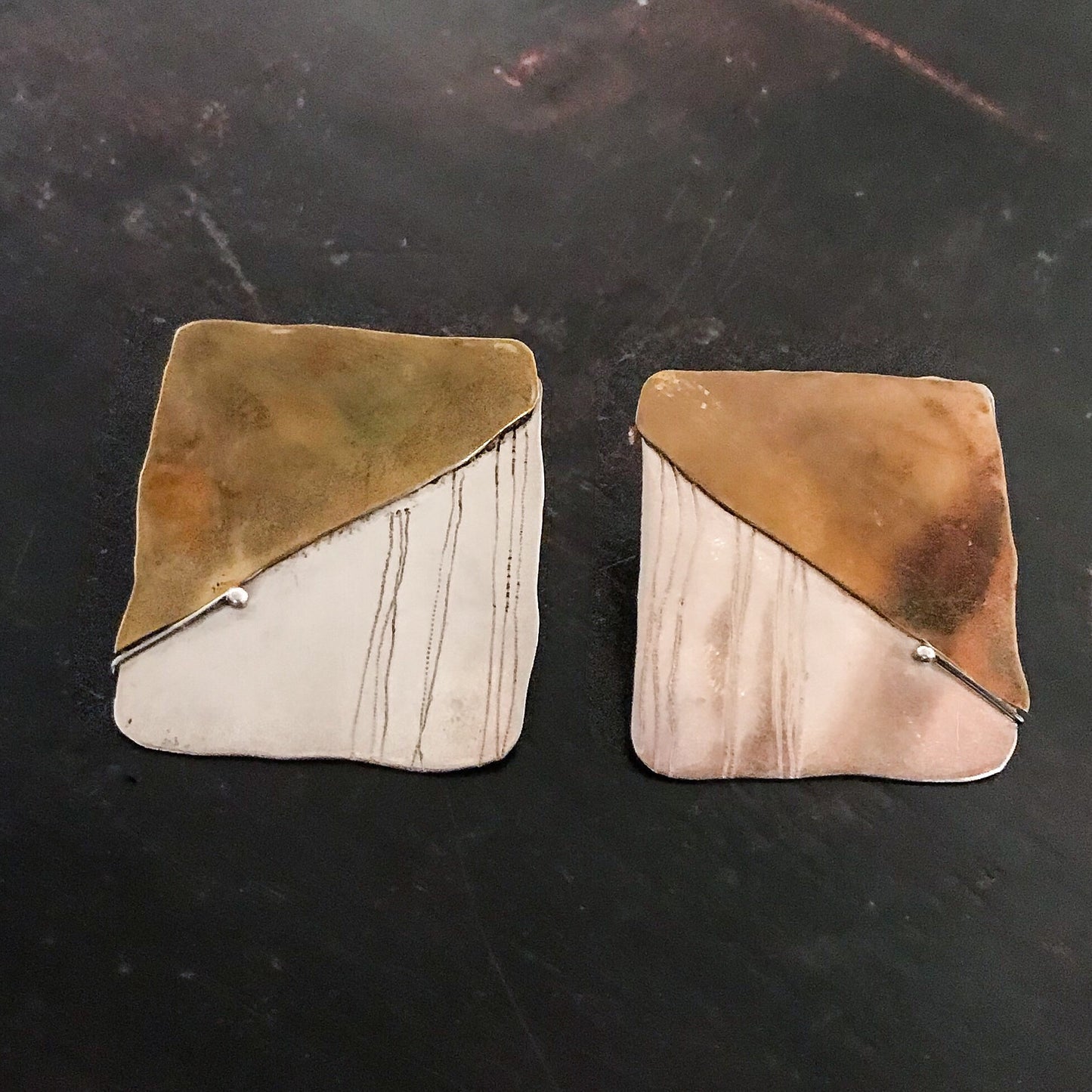 Post-Modern Large Earrings Sterling, Brass and 14k c. 1990