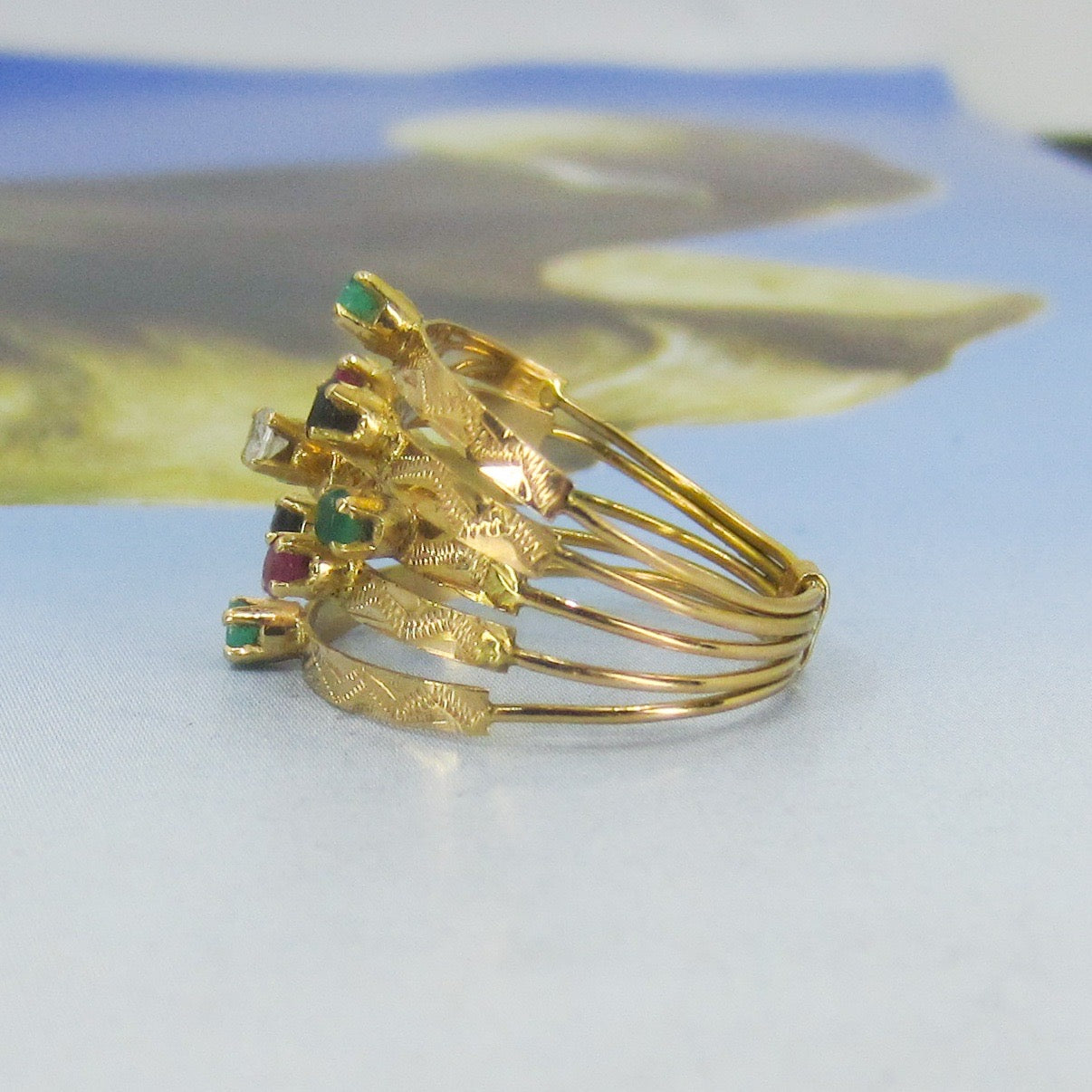 SOLD-Mid-Century Multi-Gem Harem Ring 18k, size 6 c. 1960