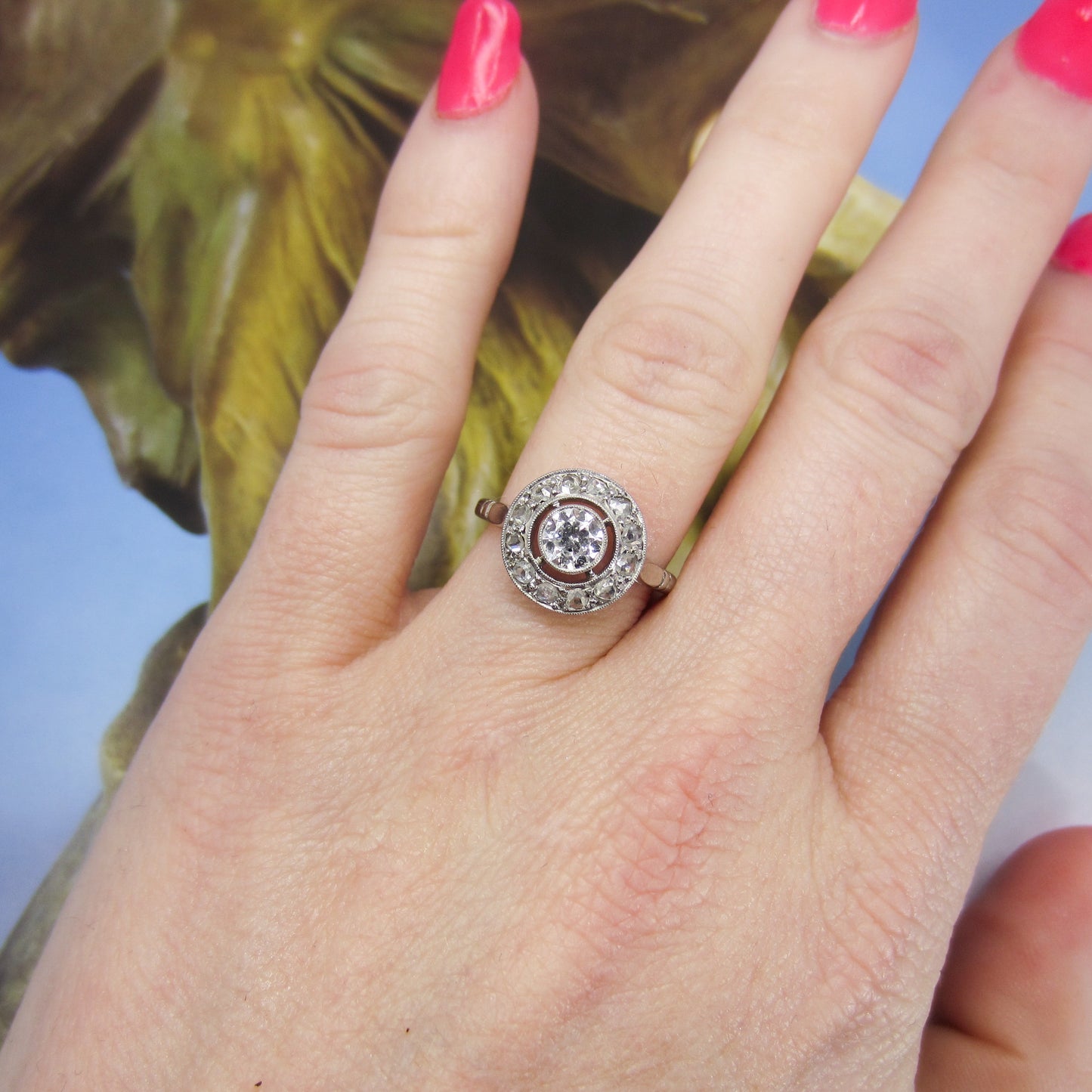 SOLD--Art Deco French Old European and Rose Cut Diamond Ring 18k c. 1930