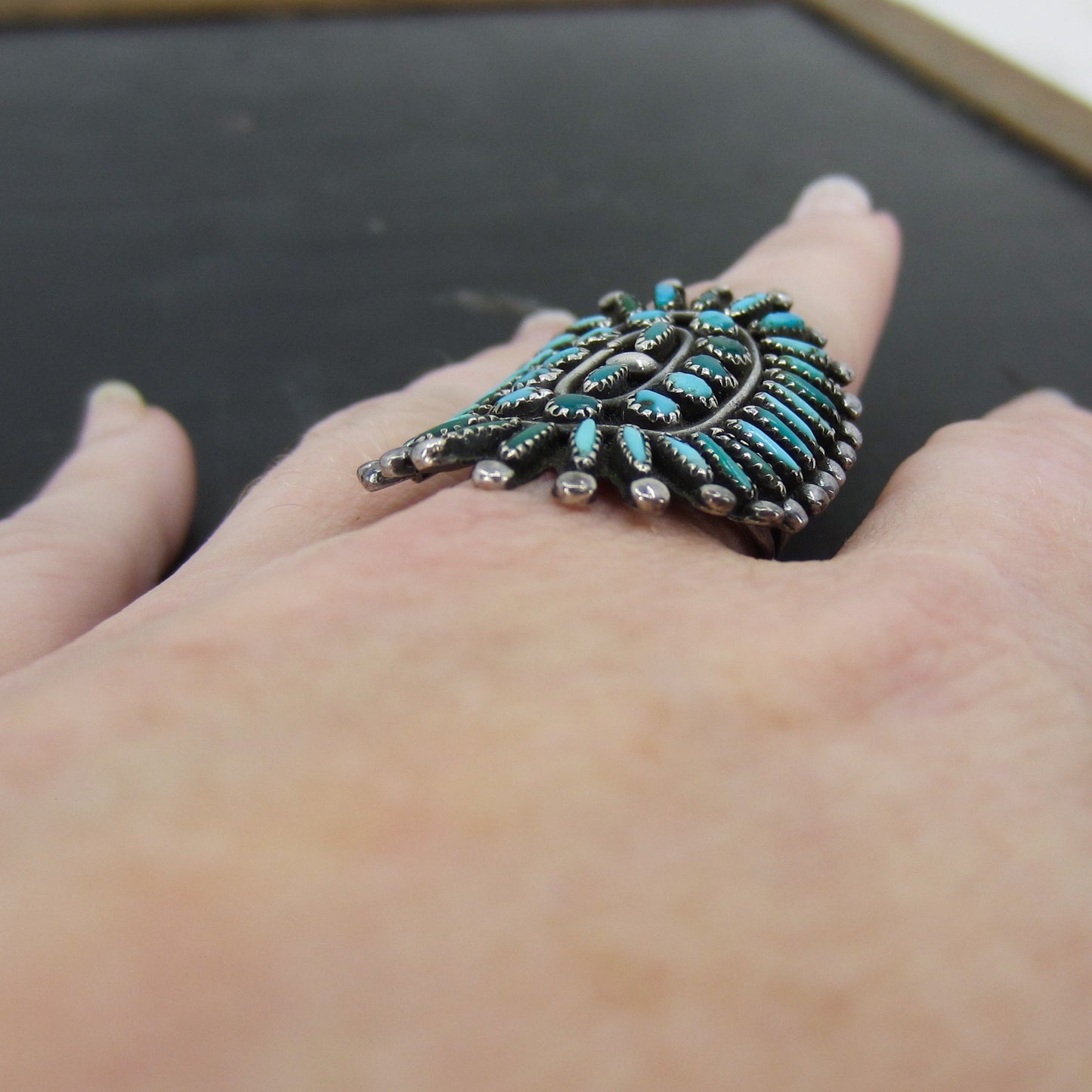 SOLD-Vintage Zuni Turquoise Petit Point Ring Sterling c. 1950