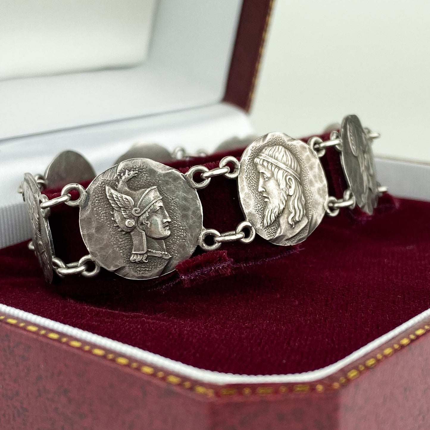 SOLD— Victorian Etruscan Revival Coin Bracelet Sterling c. 1884