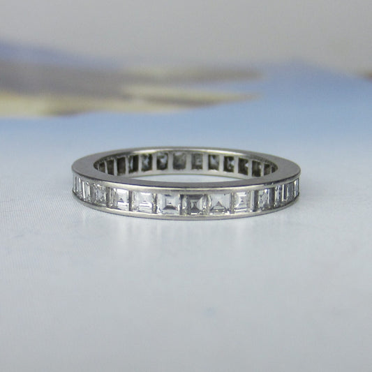 SOLD-Square Carre Cut Diamond Eternity Band Platinum, Size 6 c. 1940