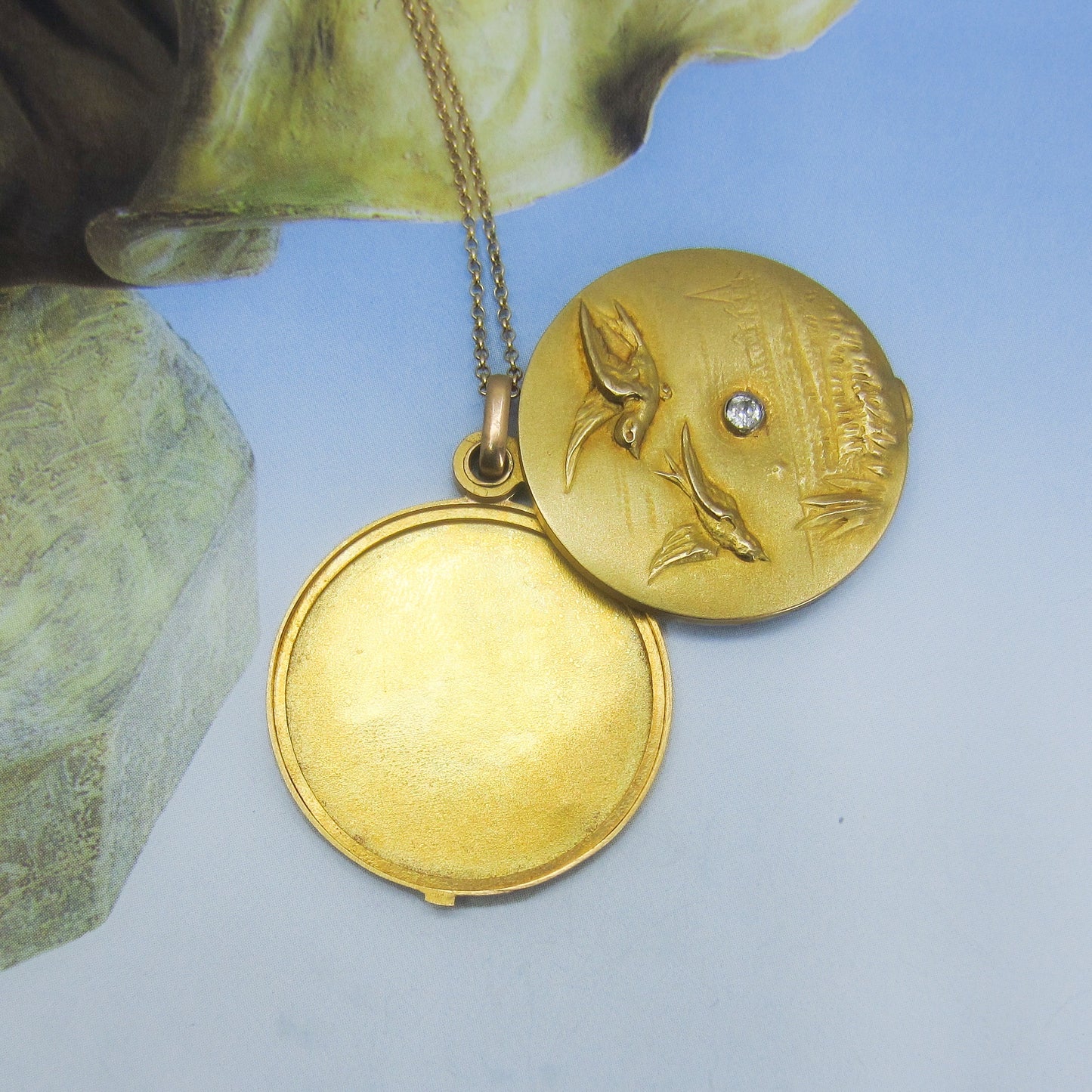 SOLD--Art Nouveau Diamond Two Swallows Slide Locket 18k, French c. 1890