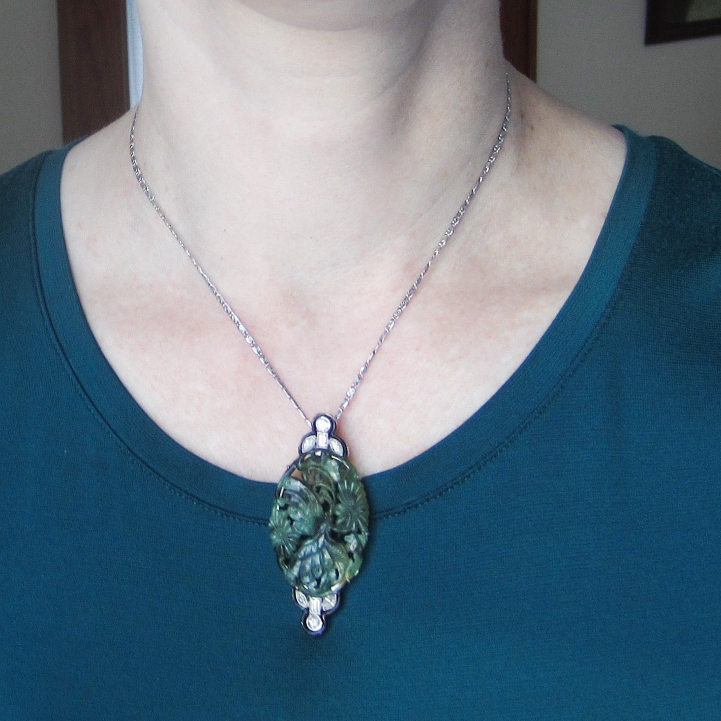 Art Deco Jade, Diamond and Enamel Pendant 14k c. 1930