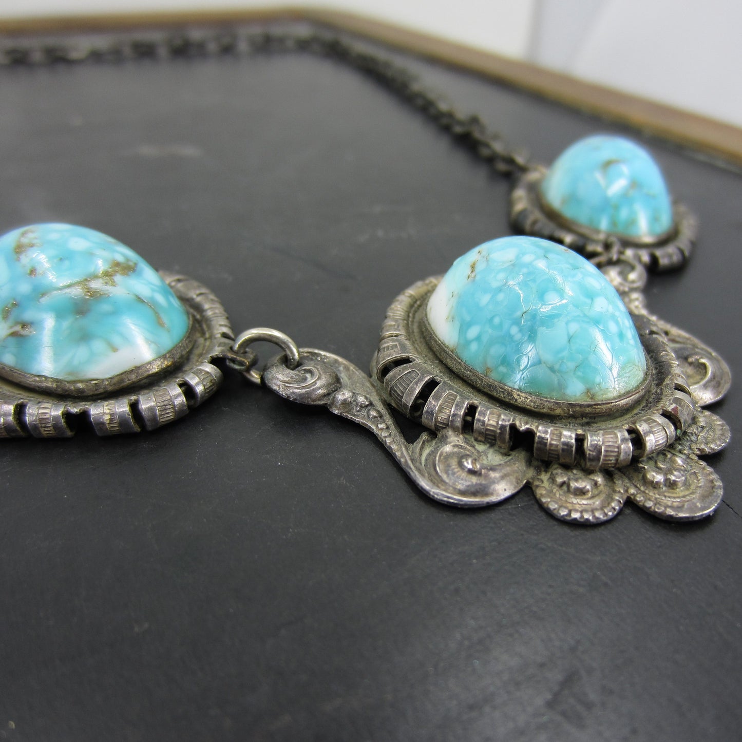 Art Deco Turquoise Art Glass Necklace Silver Plate c. 1930
