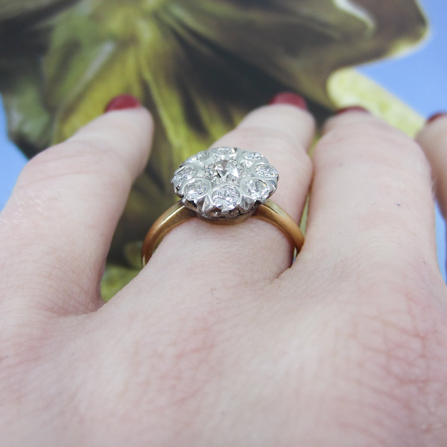 SOLD—Art Deco Old European Diamond Cluster Ring 14k c. 1920