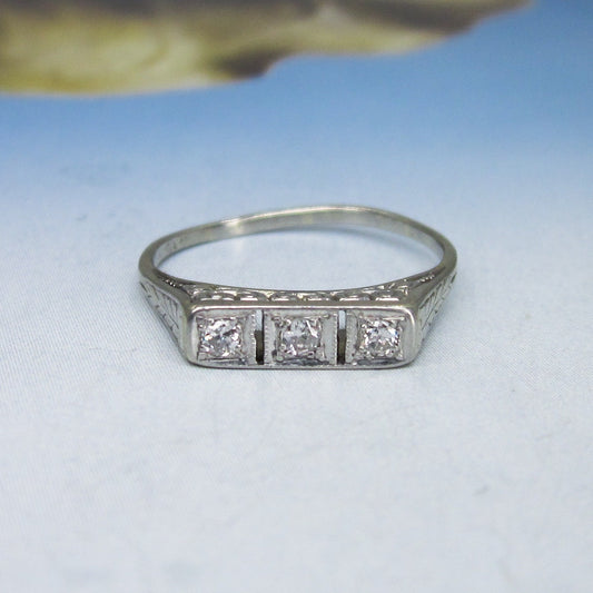 SOLD--Art Deco Three Diamond Engraved Band 18k c. 1920