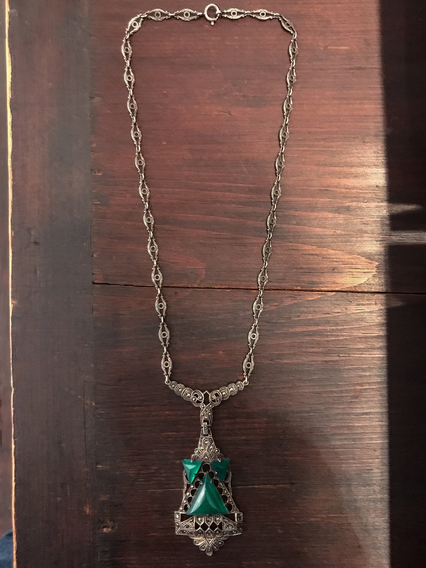 SOLD--Art Deco Marcasite and Chalcedony Necklace Sterling, Germany c. 1930