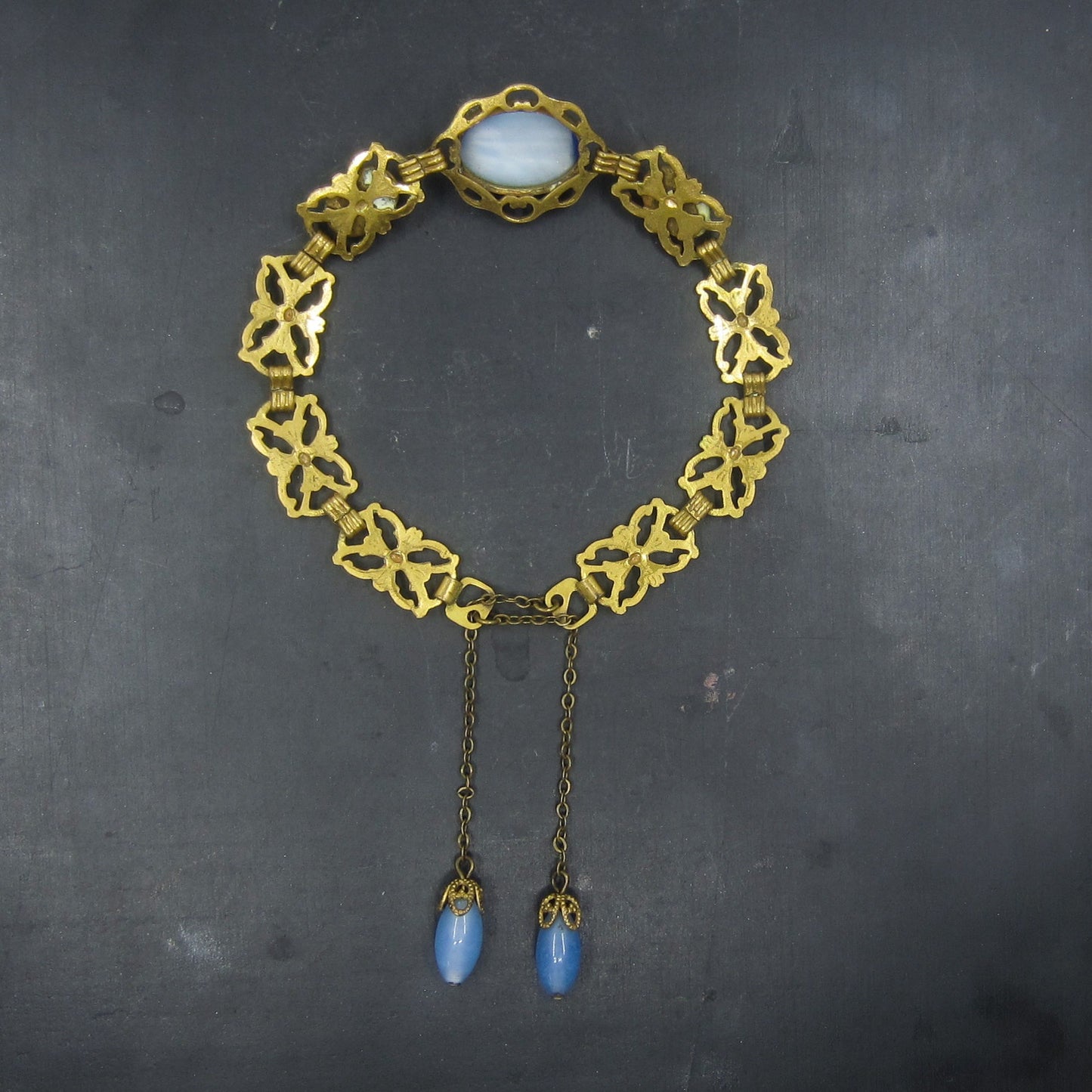 SOLD-Art Deco Glass Drop Bracelet Brass c. 1930