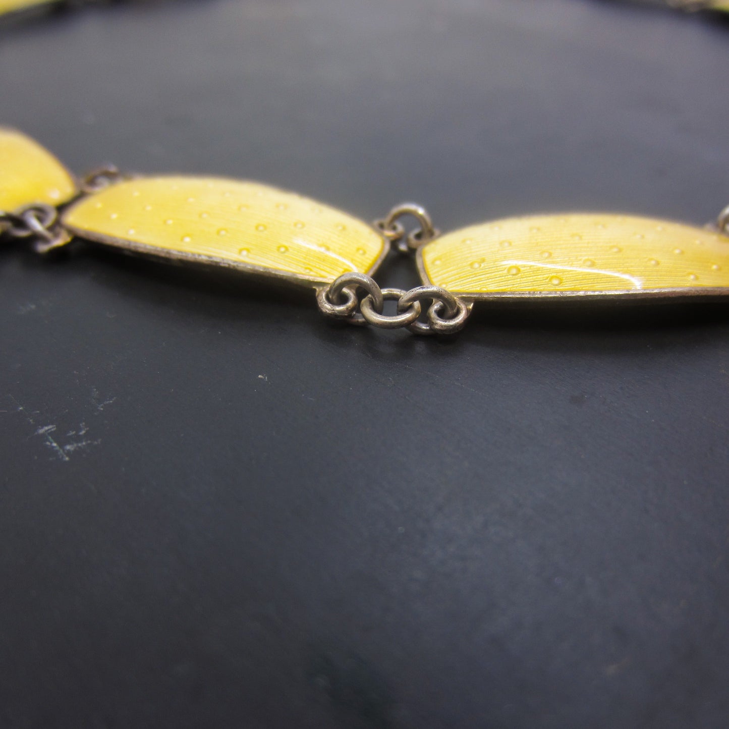 SOLD--Mid-Century Yellow Guilloche Enamel Necklace Sterling, Norway c. 1950