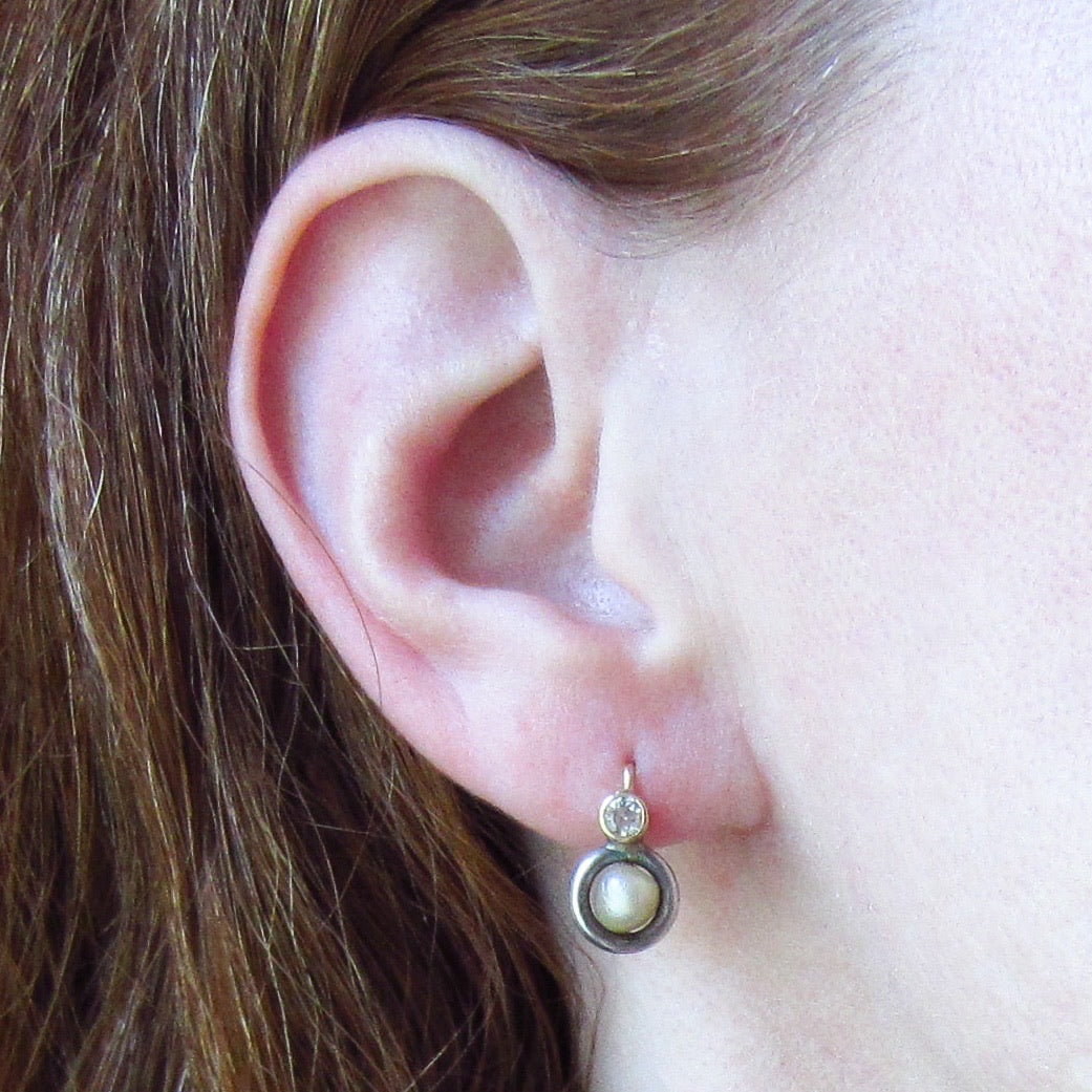 SOLD—Art Deco Old European Diamond and Pearl Earrings Silver/14 c. 1920