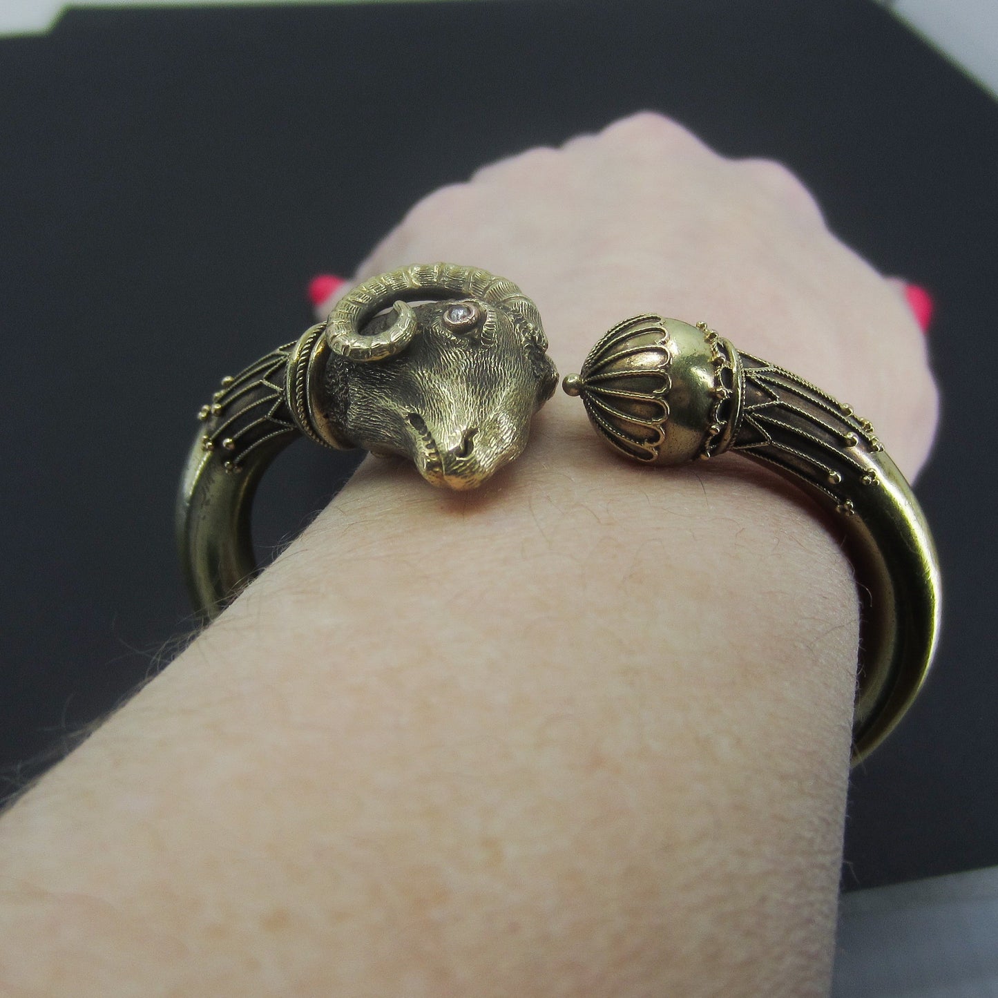 SOLD--Victorian Etruscan Revival Rams Head Hinged Bangle 14k c. 1880